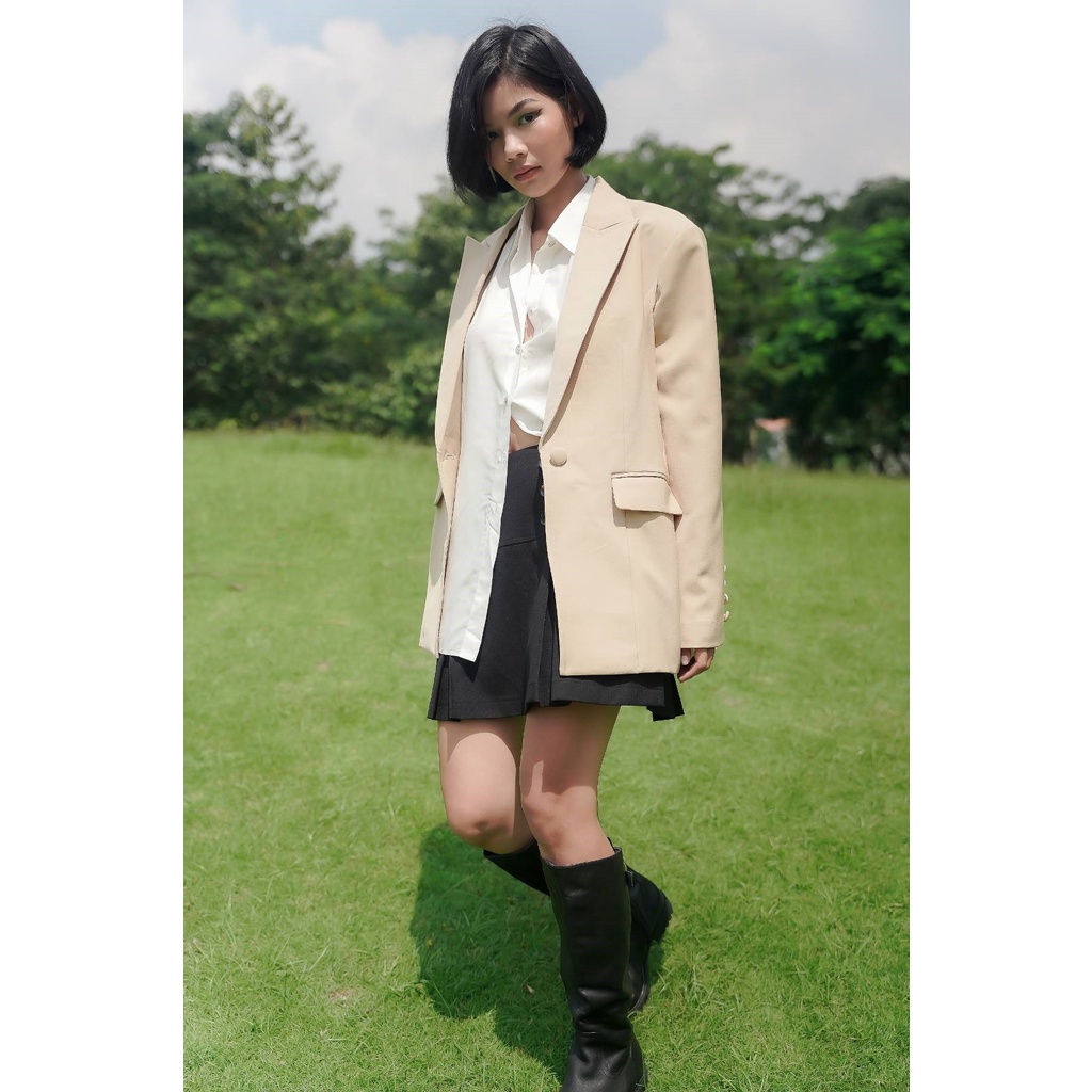 OLALASTUDIO Áo Blazer dáng dài oversize có độn vai