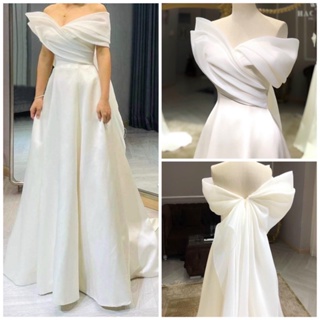 Đầm maxi cưới cho dâu đi bàn TRIPBLE T DRESS bẹt vai voan kính xếp búp sen - size S/M/L - MS253Y