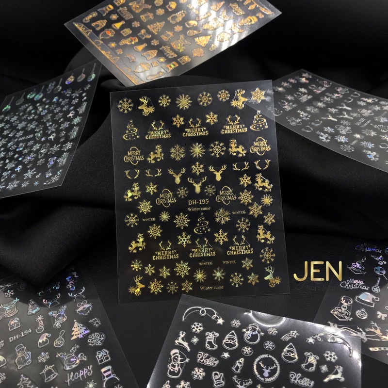 Sticker Noel dán móng nail Giáng sinh vàng bạc