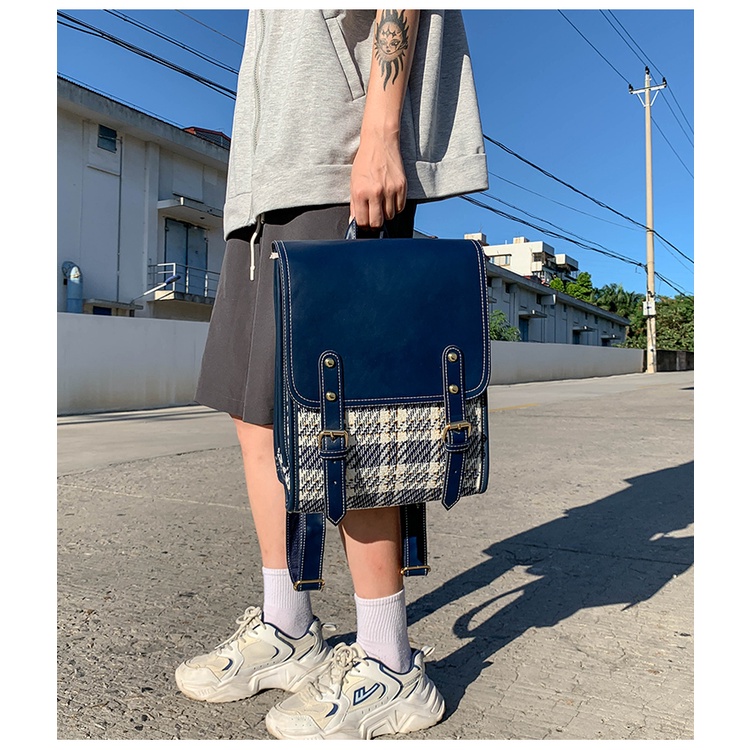 Balo Da Pu Đi Học Cho Nữ Màu Đen Trắng Xanh Phong Cách Vintage Hàn Quốc Cặp Sách Da Kẻ Hình Hộp Chữ Nhật Tiểu Thư Xinh