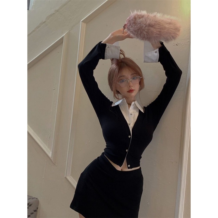 Áo Sơ Mi Dáng Ngắn Phối Hai Màu Đen Trắng Phong Cách Hàn Quốc Quyến Rũ