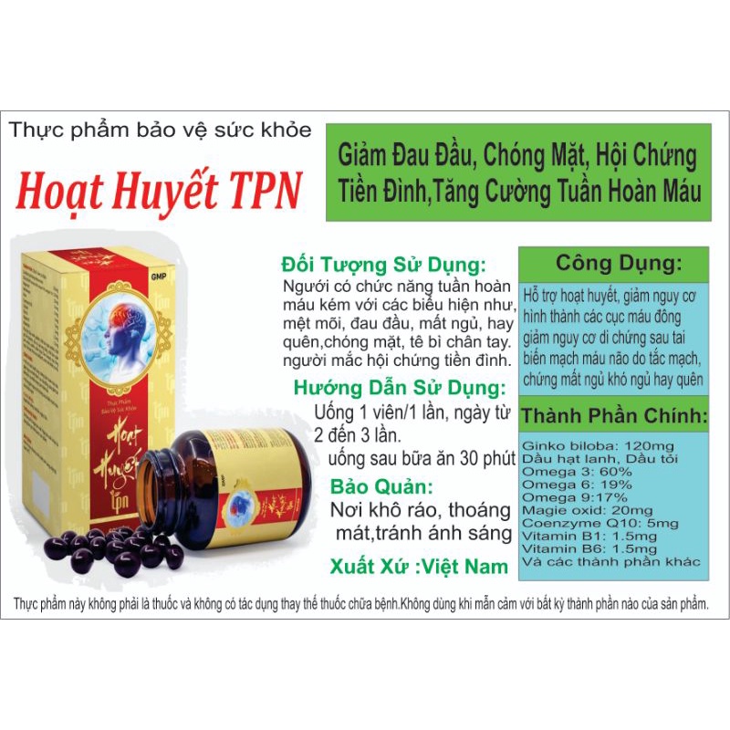 Viên Uống Bổ Não Hoạt Huyết TPN thành phần chính Ginkgo Biloba giảm đau đầu,ngủ ngon, tăng sức khỏe não bộ.(hộp 60v)
