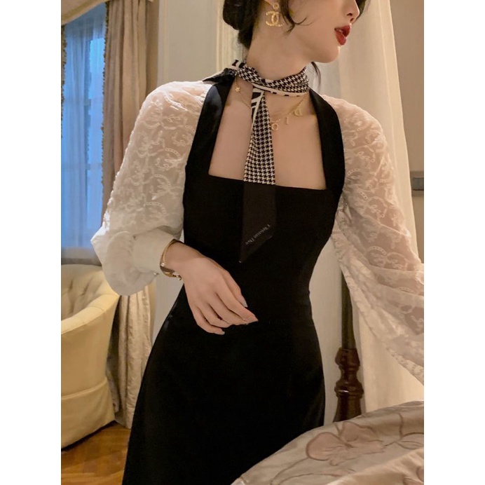 Đầm Dài Cổ Vuông Phối Ren Họa Tiết Bướm Phong Cách Pháp Thanh Lịch Thời Trang Mùa Thu Cho Nữ