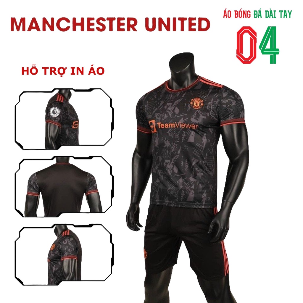 Bộ Quần Áo Bóng Đá Thun Thái CLB Manchester United Đen Viền Cam
