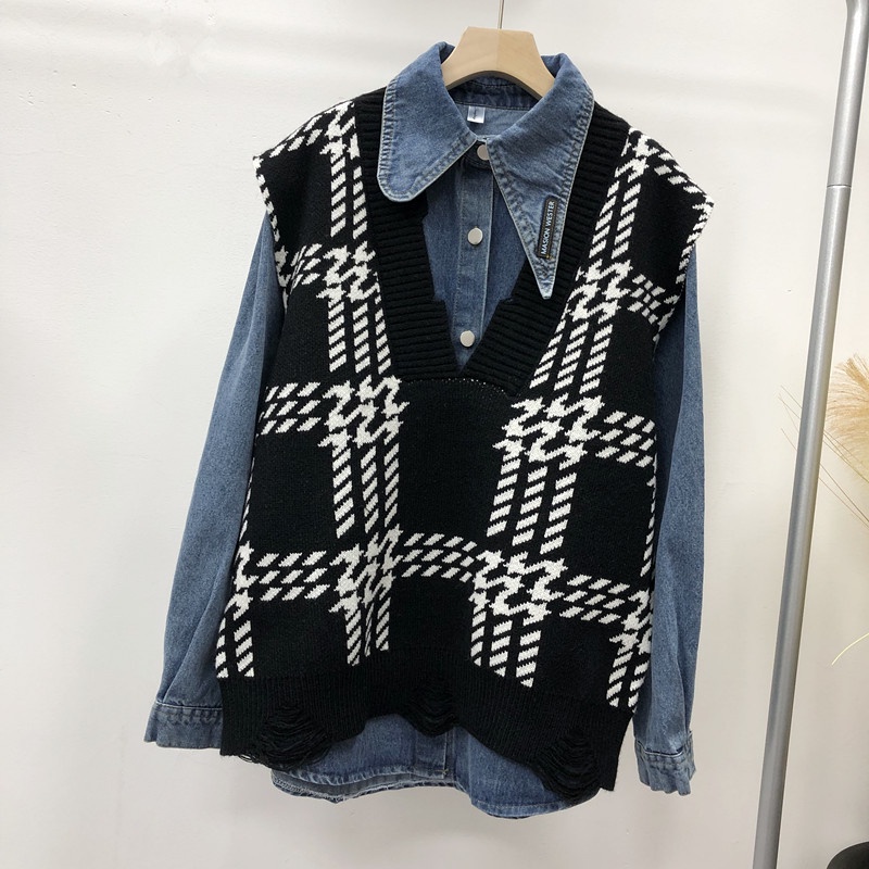 Set Áo Sơ Mi Dài Tay Sọc Caro Và Áo Khoác Denim Không Tay Phong Cách Hàn Quốc Thời Trang Mùa Xuân Mới Cho Nữ