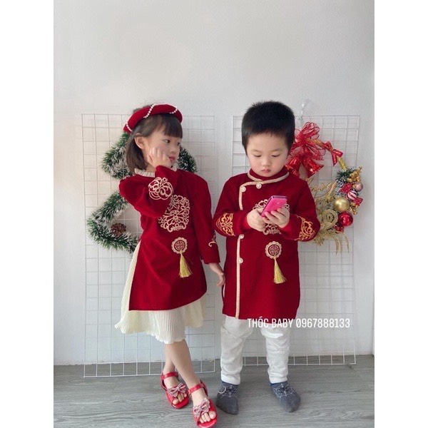 Áo dài cách tân cho bé trai bé gái, Áo dài trẻ em mặc tết chất nhung mềm mịn cực sang trọng