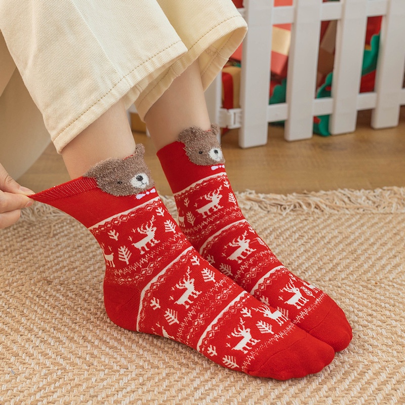 1 Đôi Vớ Cotton Họa Tiết Giáng Sinh / Năm Mới Phong Cách Hàn Quốc Dễ Thương Cho Nữ