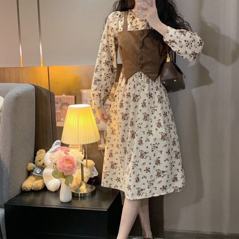 Đầm Nữ Hai Dây Họa Tiết Hoa Ghép Nối Kiểu Pháp Mới