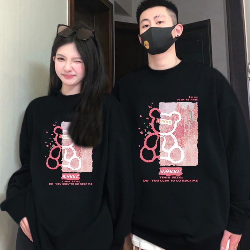 Áo sweatshirt IHKKE dáng rộng cổ tròn in hình gấu hồng thời trang unisex Hàn Quốc