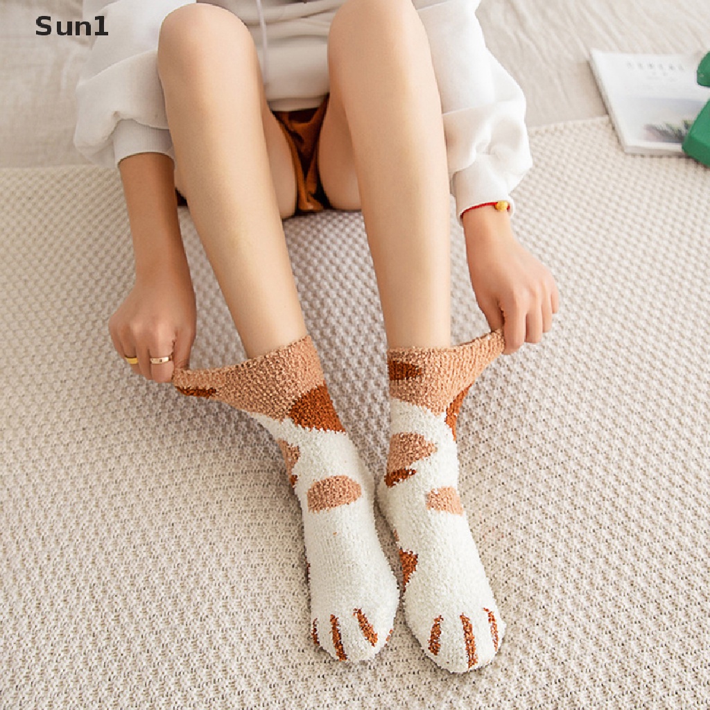 Vớ Lông Cừu San Hô Dày Ấm Áp Mềm Mại Hình Chân Mèo Dễ Thương Cho Nữ