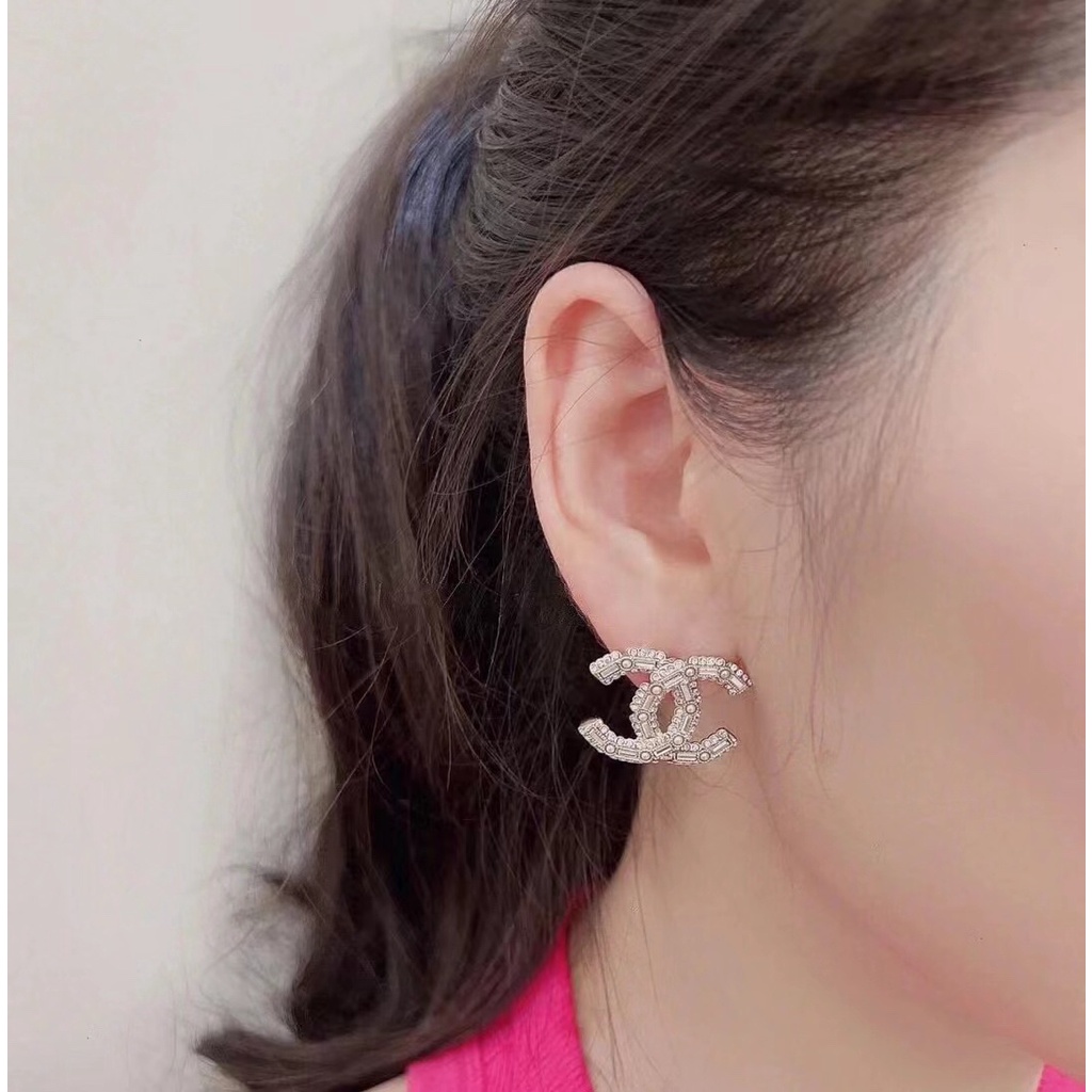 Bông Tai Mạ Bạc 925 Hình Chữ C Đính Ngọc Trai Thời Trang