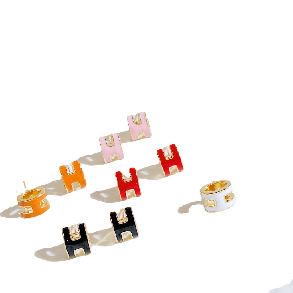 Bông Tai Bạc 925 Hình Chữ H Tráng Men Phong Cách Retro Pháp Đơn Giản Dễ Phối Đồ