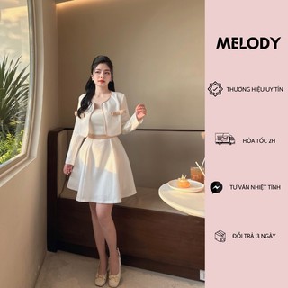 Set dạ tweed dáng xòe - áo khoác dạ đính nơ tiểu thư sang chảnh