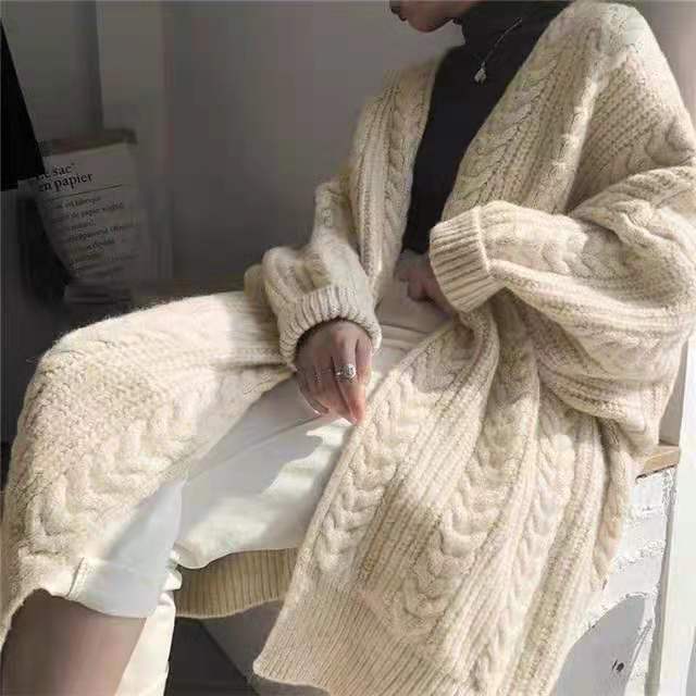 Áo Khoác cardigan Dệt Kim Dày Dáng Dài Rộng Thời Trang vintage Cho Nữ