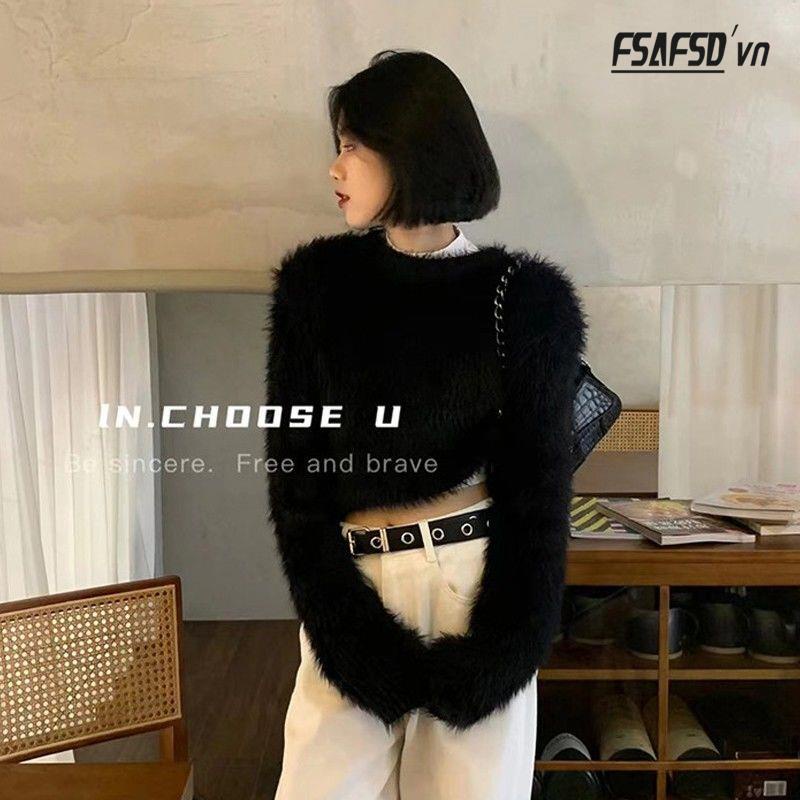 Áo Sweater Lông Chồn Màu Đen Dáng Ngắn Thời Trang Thu Đông 2022 Dành Cho Nữ