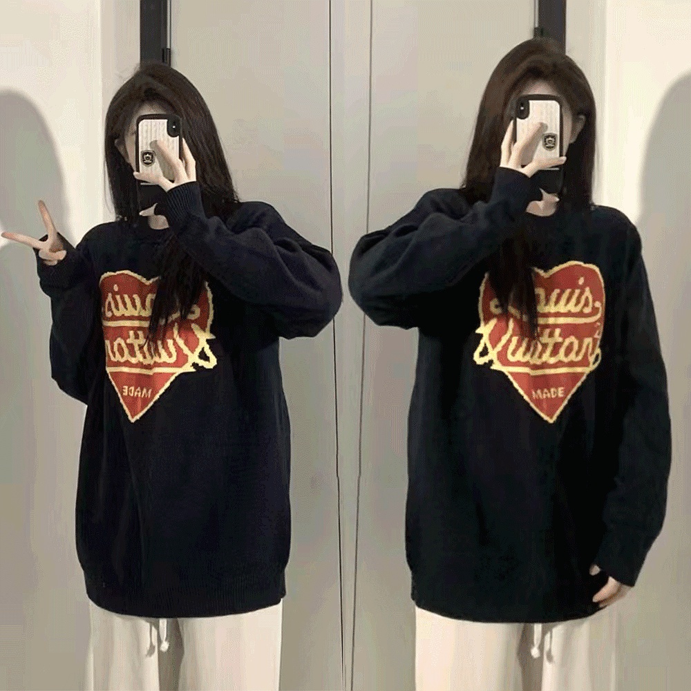 Áo Sweater Cotton Cổ Tròn Tay Dài In Họa Tiết LV 22 Trái Tim Thời Trang Thu Đông Cho Nam Và Nữ