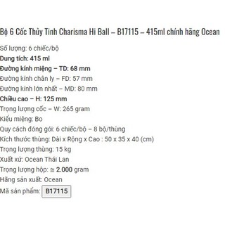 Cốc thủy tinh Ocean Charisma 415ml bộ 6 chiếc Ly Thủy Tinh Glass Home