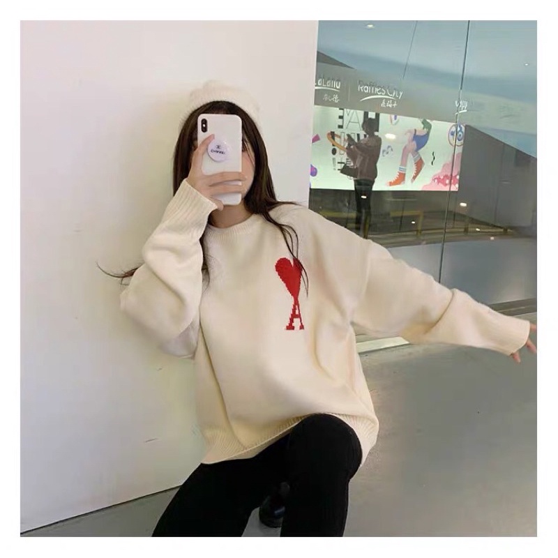SWEATER LEN TRÁI TIM ĐỎ CHỮ A ĐỎ