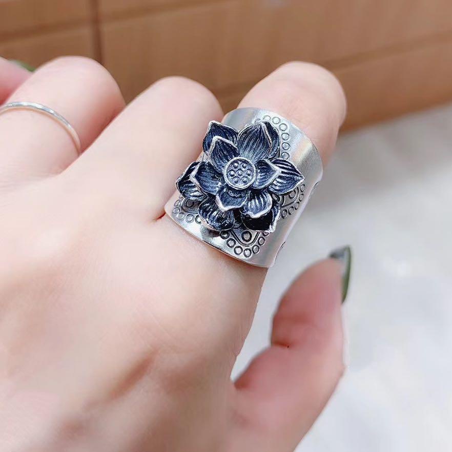Nhẫn Bạc 999 Hình Hoa Sen Độc Đáo Phong Cách Retro Cho Cặp Đôi