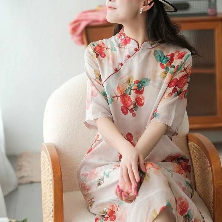 Đầm Sườn Xám Cách Tân Chất Liệu Cotton Lanh In Họa Tiết Phong Cách Trung Hoa