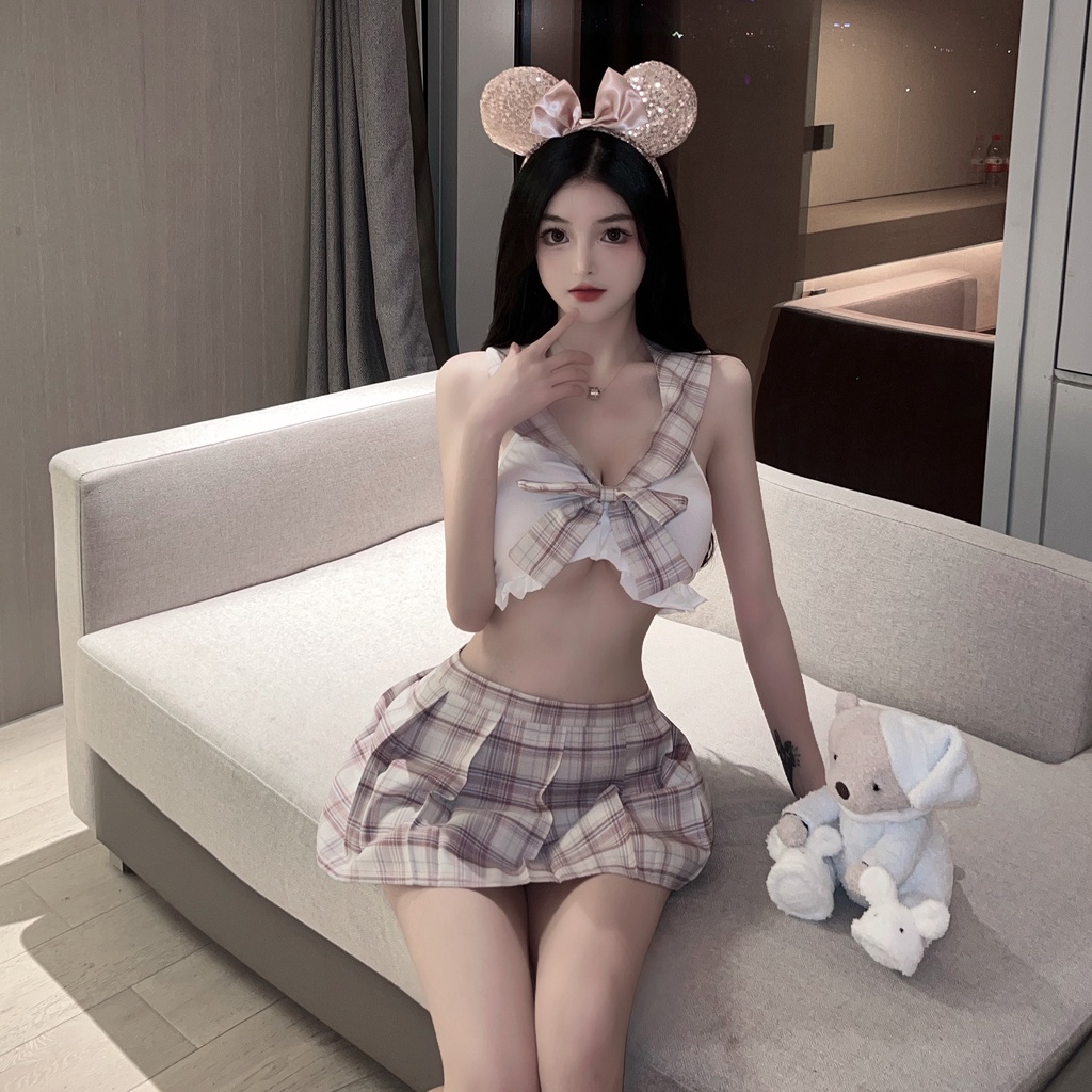 Váy ngủ cosplay đính nơ chân váy kẻ hồng gợi cảm 992 | BigBuy360 - bigbuy360.vn