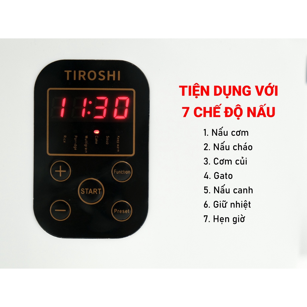 Nồi cơm điện tử Tiroshi HCRS - 1102 dung tích lớn 3L ( lòng nồi 2 lít) công xuất 500W, 7 chức năng tiện dụng