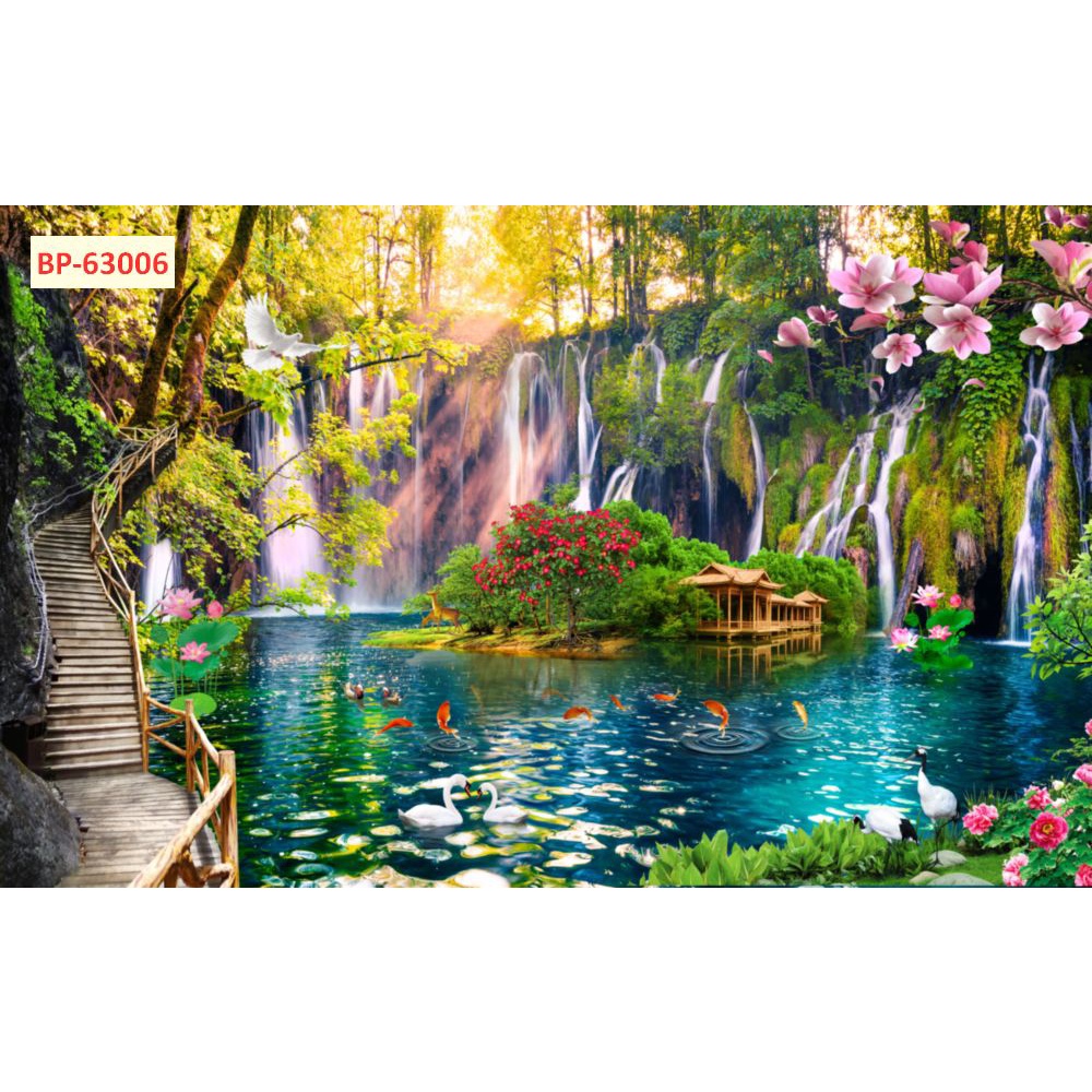 Tranh SƠN THUỶ dán tường thác nước thiên nhiên trong lành