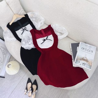 Đầm mini nhung phối ren nổi đen - đỏ
