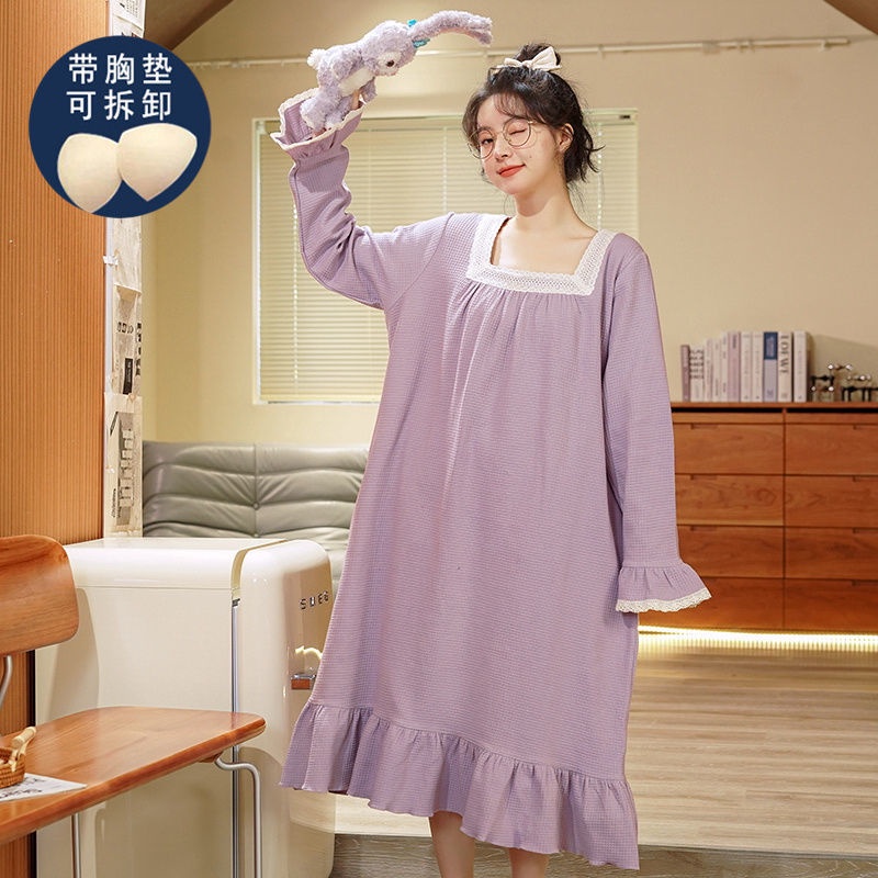 Đầm Ngủ Dài Qua Gối Tay Dài Có Mút Đệm Ngực Chất Liệu Cotton Thời Trang Xuân Thu Cho Mẹ Bầu