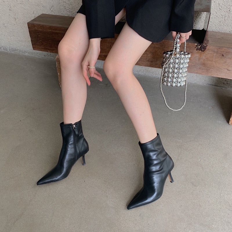 Boots cổ thấp da lì mũi nhọn gót cao 7cm màu sắc Trendy