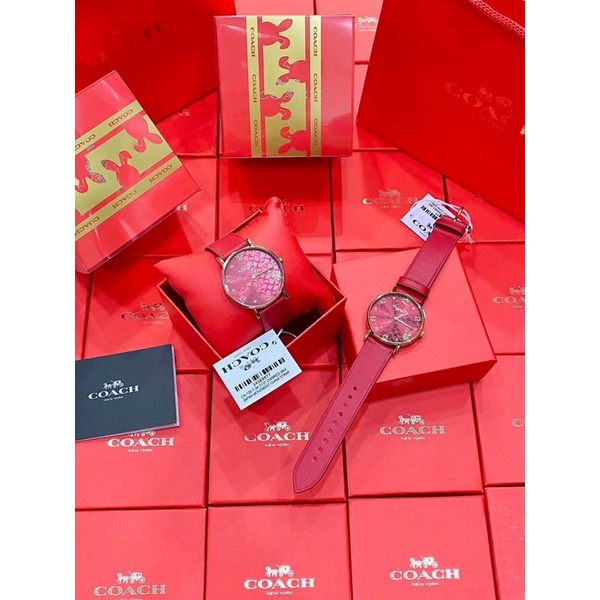 Đồng hồ Coach chống nước 3M, máy Miyota, kiểu dáng thời trang, bản dây da thật, màu đỏ may mắn phát tài