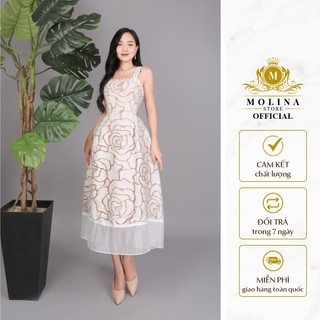 Đầm Hai Dây Ren Hoa Thêu Chữ Dáng A Thiết Kế Molina Thanh Lịch Nữ Tính, Phù Hợp Đi Tiệc Dạo Phố