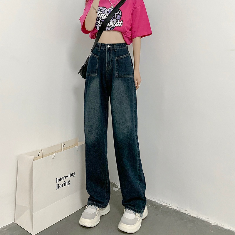 Quần jean dài SUXI ống rộng lưng cao thời trang Hàn Quốc cá tính cho nữ