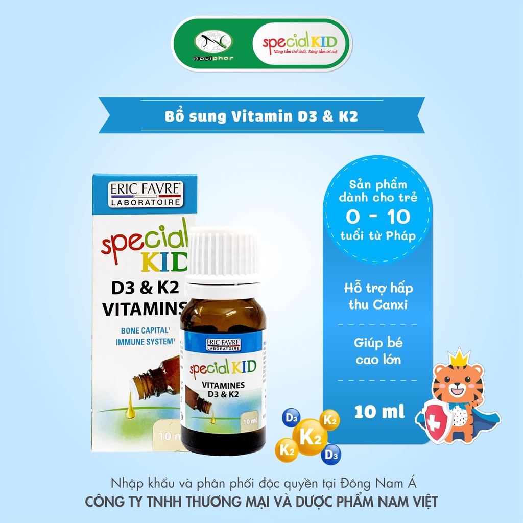 Tinh dầu bổ sung Vitamin D3 và Vitamin K2, hỗ trợ tăng cường hấp thu canxi - Special Kid Vitamines D3 et K2 - 10ml
