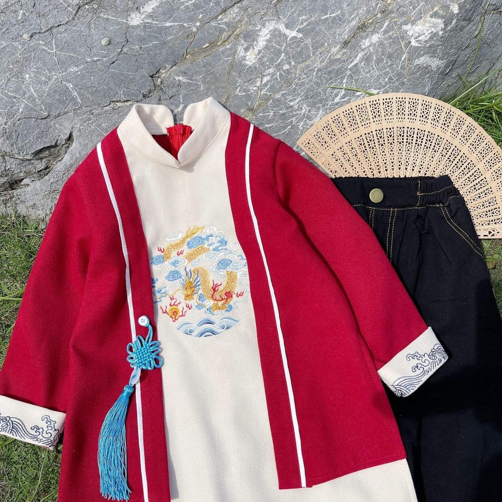 Áo dài Tết cách tân cho bé trai thêu rồng  size 1 2 3 4 5 6 - TD4154