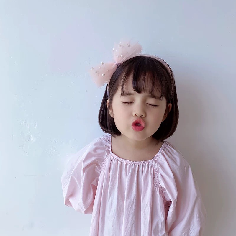 Bờm tóc nơ voan đính hạt trai nhân tạo đáng yêu cho bé gái - L009