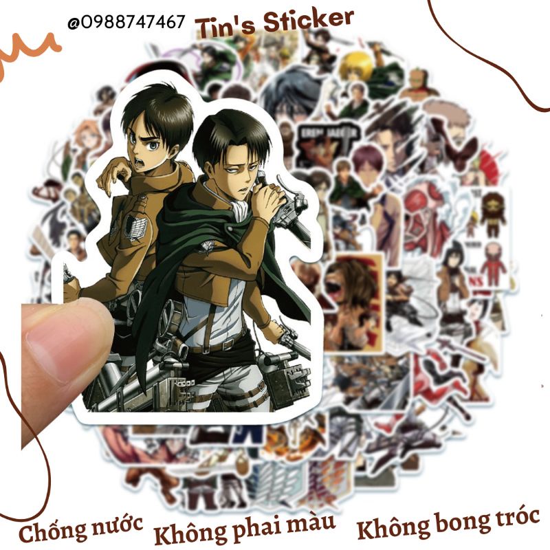 Set combo 50 miếng dán sticker anime Attack on Titan hoạt hình Đại chiến Titan chống thấm dán mũ bảo hiểm laptop vali