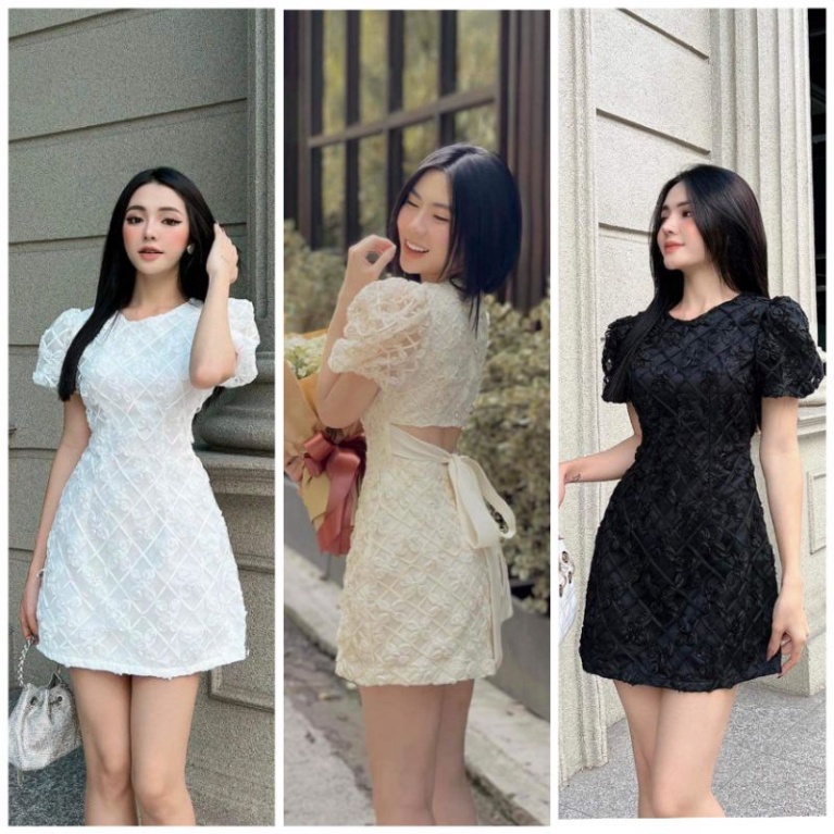 Đầm váy nữ ren hở lưng cột nơ chữ A ôm body cổ trong tay phồng đen trắng cao cấp dạ hội dự tiệc đám cưới đi biển bigsize