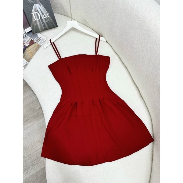Đầm Xoè Hai Dây Xếp Li Eo Có Ảnh Thật CC004