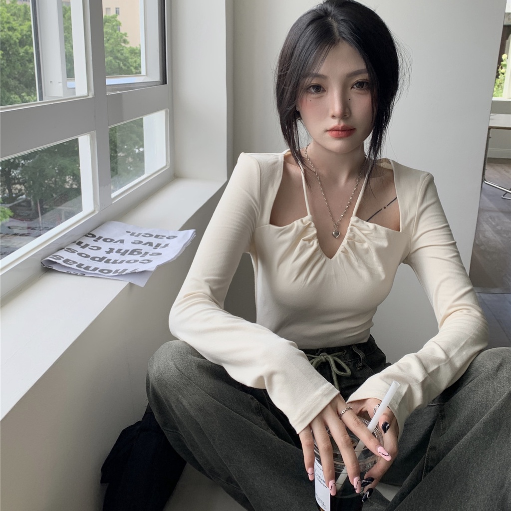 SUXI Áo Croptop Tay Dài Cổ Chữ V Màu Sắc Đơn Giản Cho Nữ