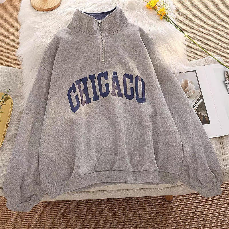 Áo Polo Nam Sweater khoá cổ CHICAGO Unisex Tay Dài Form Rộng In Chữ Phối Màu Cổ Vải Nỉ Bông U65