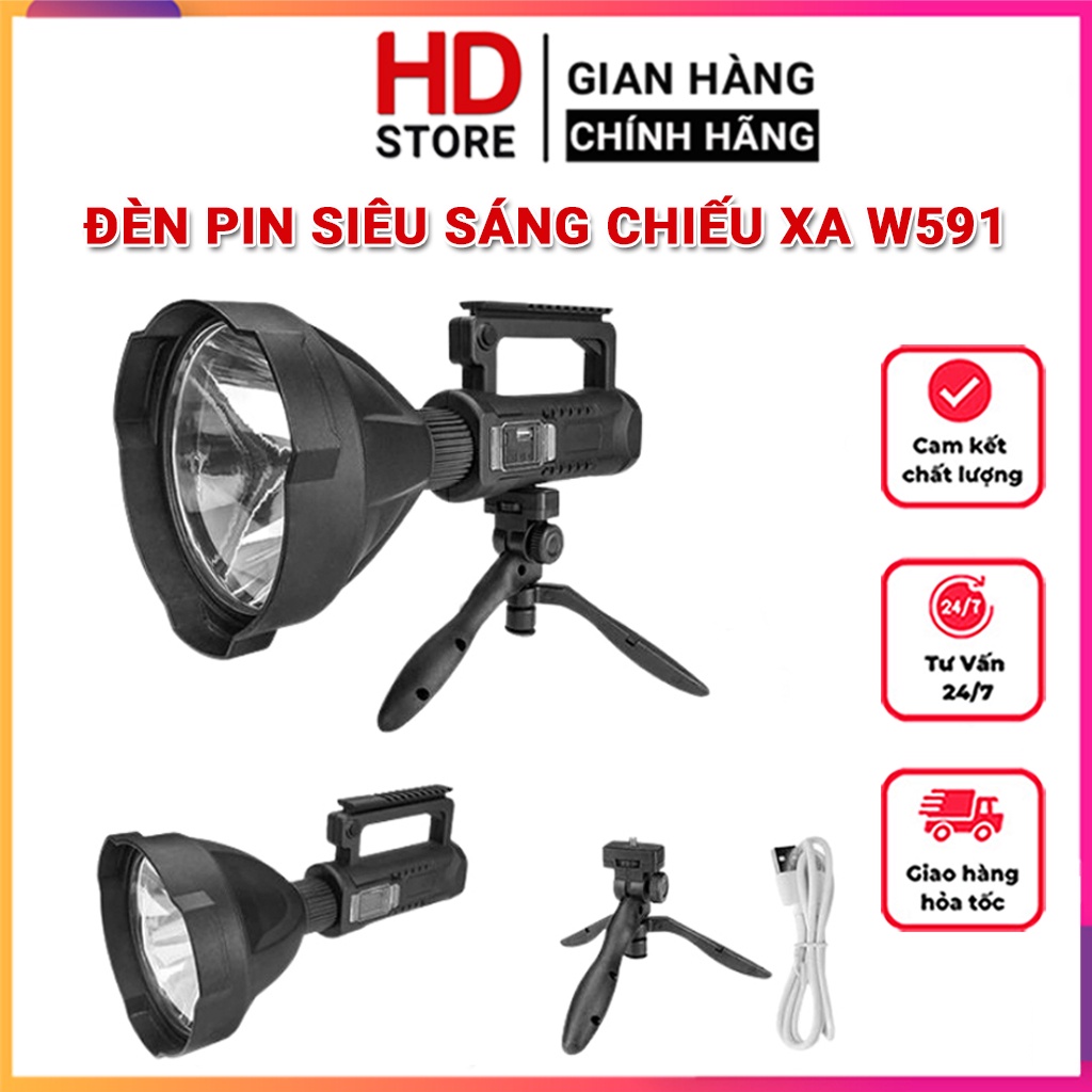 Đèn siêu sáng W591 chiếu xa khoảng trên 500m pin trâu có chân đế chống nước - Bảo hành 1 năm