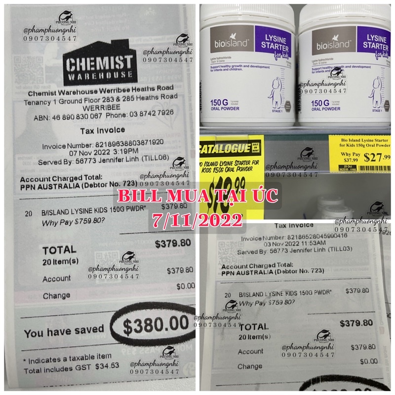DATE 2025 - BILL MUA TẠI ÚC- LYSINE BỘT TĂNG CHIỀU CAO BIO ISLAND 150G