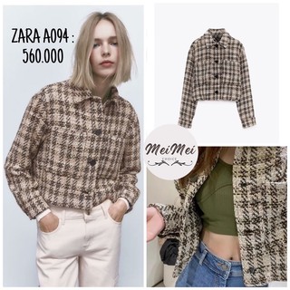 ZA RA áo dạ tweed hoạ tiết kẻ ô màu be kiểu dáng basic A094