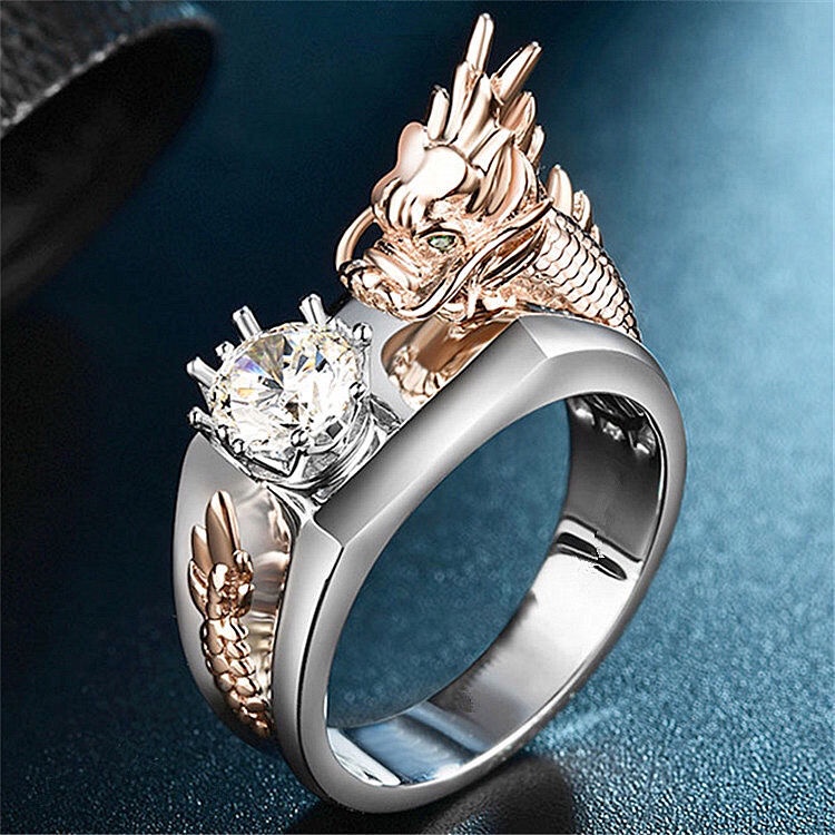 Nhẫn Bạch Kim Mạ Bạch Kim Hình Rồng Nhiều Màu Sắc Độc Đáo Cho Nam