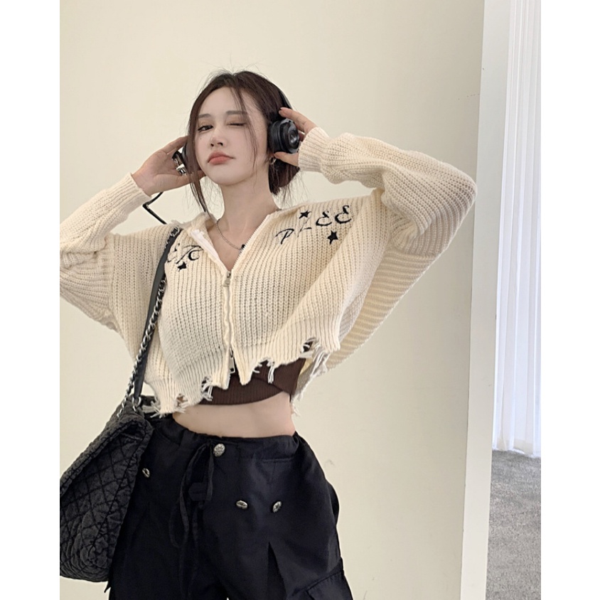 ZHELIHANGFEI Áo Khoác Cardigan Dệt Kim Tay Dài Lưng Cao Hở Rốn Gợi Cảm Cho Nữ