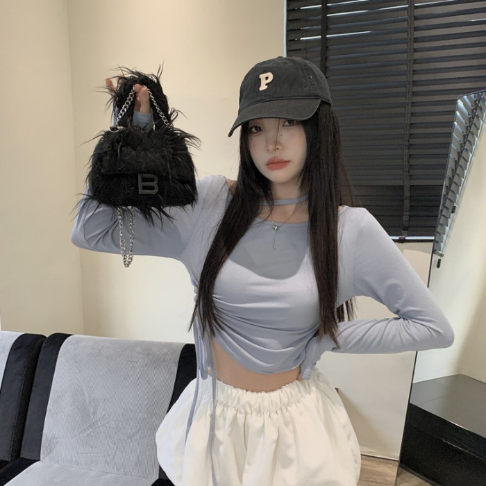 Áo kiểu SUXI tay dài ôm dáng vừa vặn phối dây rút thời trang xuân hè dành cho nữ