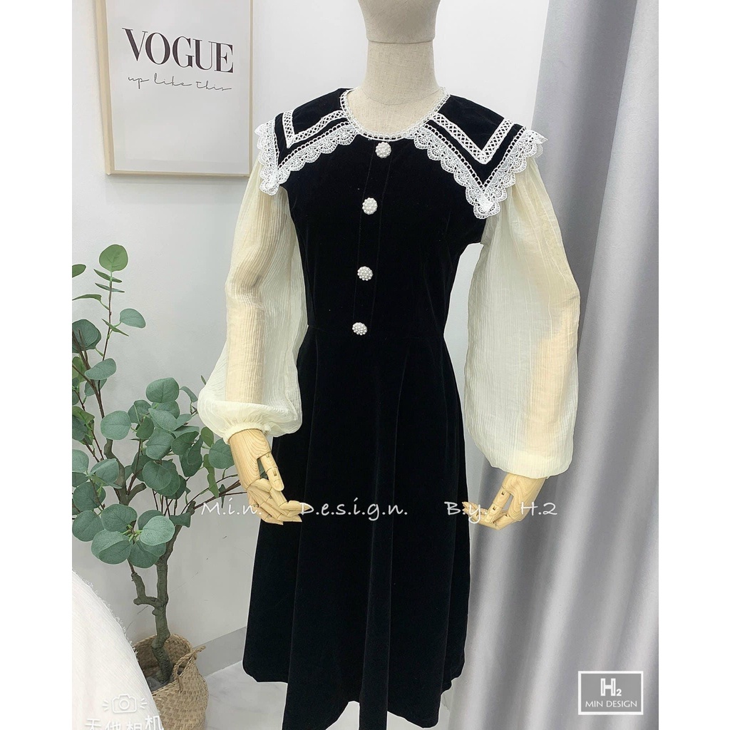 [Ảnh Thật/ Video]: Váy Nhung Thiết Kế Phối Cổ Viền Cực Xinh