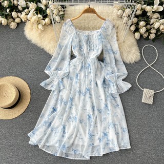 #2748 [Sẵn] Đầm dài tay cổ vuông chất voan nền trắng họa tiết xanh siêu xinh