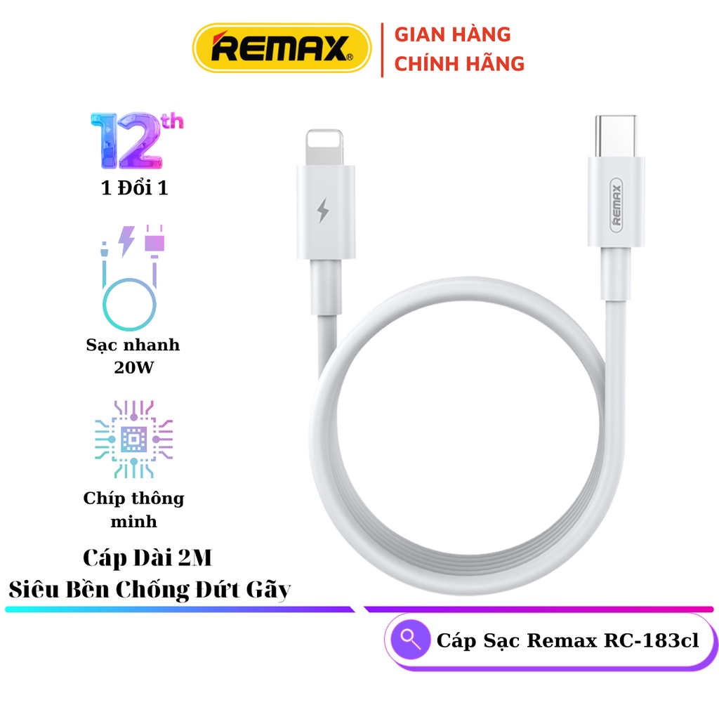 Cáp Sạc Nhanh 2m Type C To lP20W Siêu Bền Chống Đứt Gãy - Remax Việt Nam RC-183cl - Bảo Hành 12 Tháng